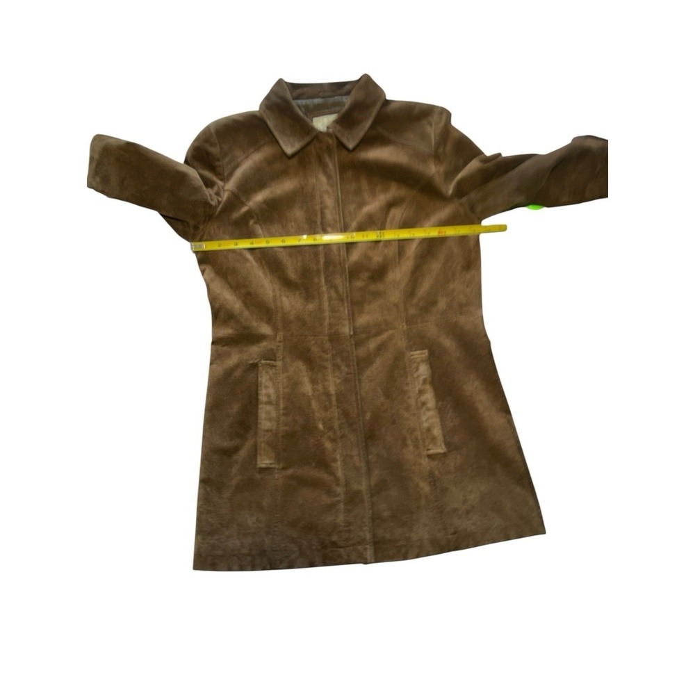 Vintage Brown Suede Leather Jacket Mid Length Coat Pointed Collar Chocolate M - Picture 5 of 9